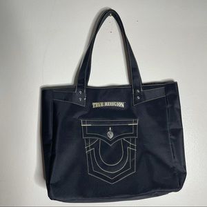 True Religion All Black Large Tote Bag w/ Horseshoe Logo On Front.